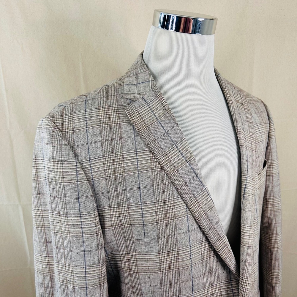 Joseph Abboud 46R Sport Coat Linen Cotton Beige Plaid Two Button Double Vented